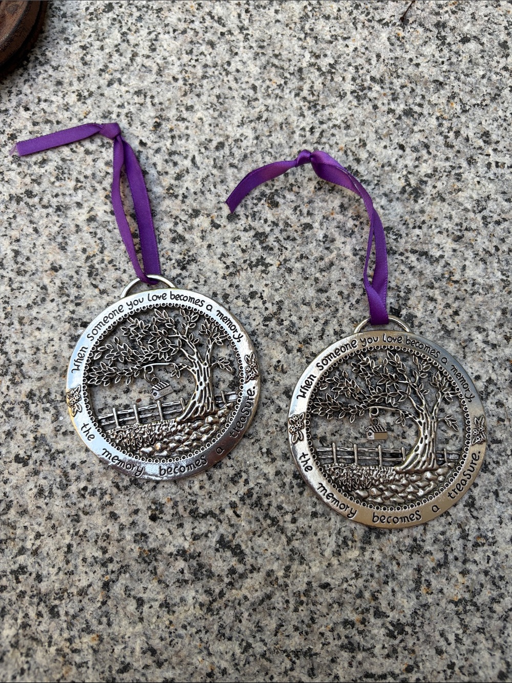 Memorial Tree of Life Hanging Ornaments - Silver with Purple Ribbon set of 2